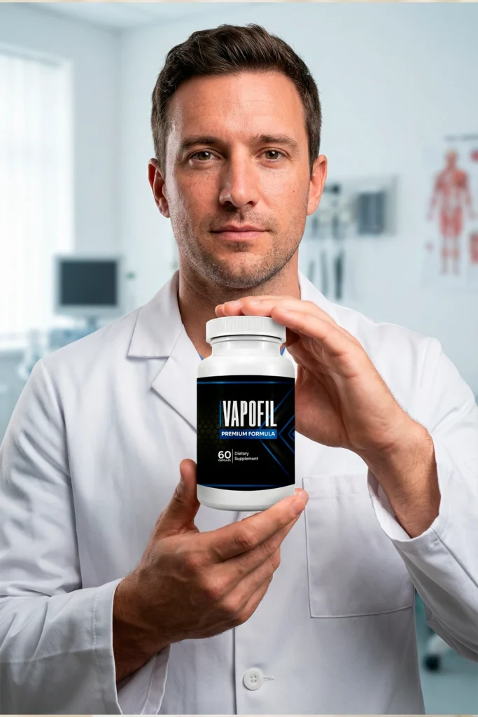 Health professional presenting a VapoFil bottle