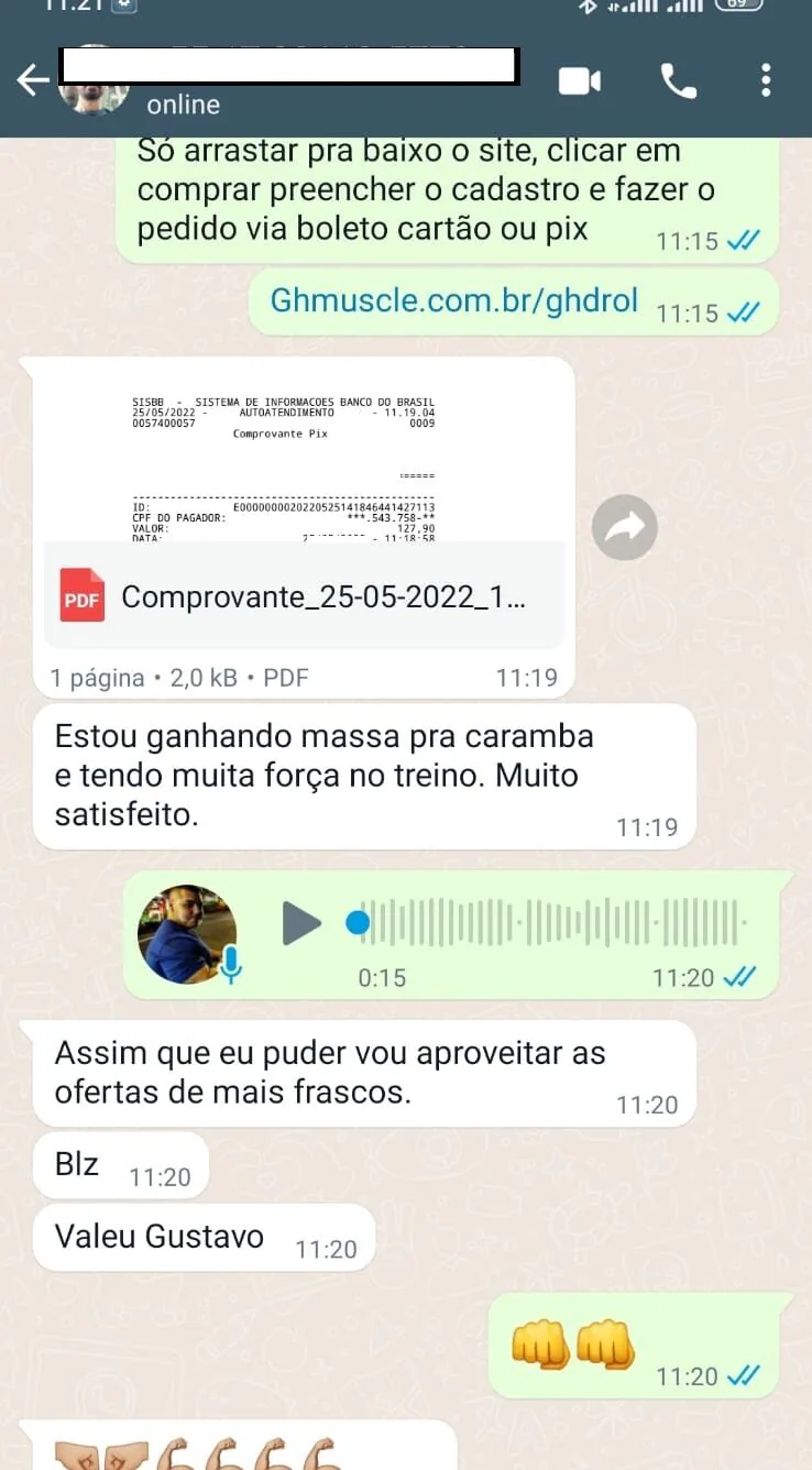 Print de depoimento de cliente sobre o GHDROL