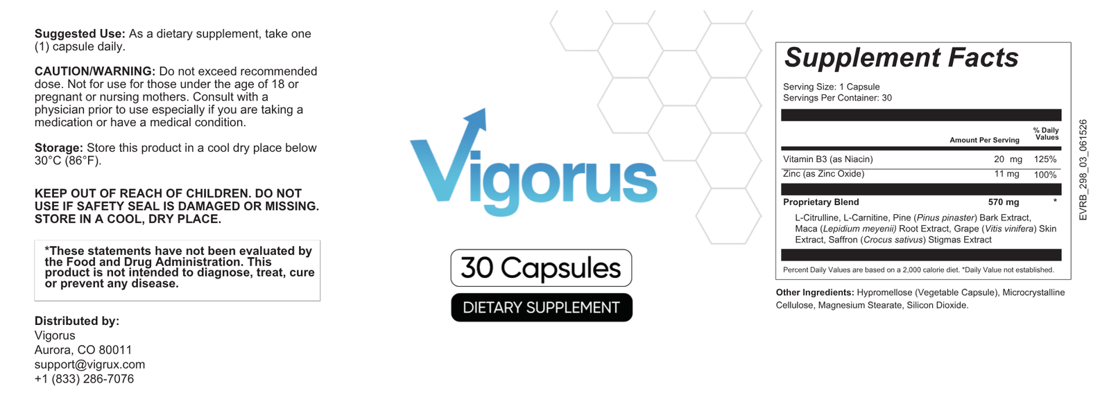 VIGORUS supplement facts label — suggested use, warnings and full ingredient panel