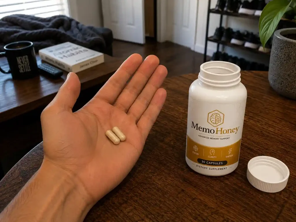 Hand holding MemoHoney capsules next to the open bottle
